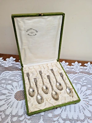 Set of 6 Antique French Silver Crested Spoons Albert Deflon Great War Era Cased - Image 1 of 4