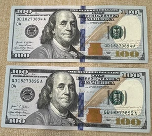 Set Of 2-2021 Series Uncirculated Sequential $100 Dollar Bills - Picture 1 of 2