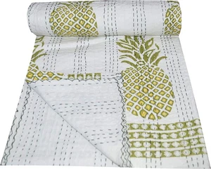 Indian Handmade pineapple printed cotton kantha quilt bedspread throw blanket - Picture 1 of 4