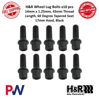 H&R Wheel Bolts 10 pcs 14 X 1.25 Thread Length 43mm Type Tapered Head 17mm Black - Image 1 of 4