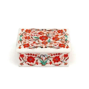 Marble Jewelry Box Semi Precious Stone Pietra Dura Art Handmade Home Decor Gift - Picture 1 of 2