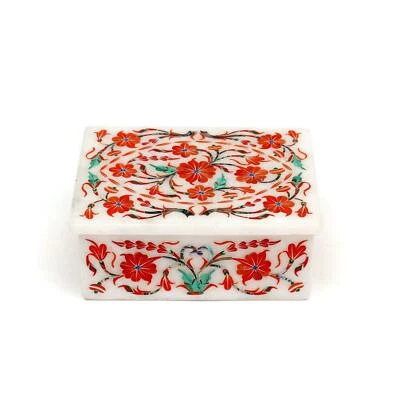 Marble Jewelry Box Semi Precious Stone Pietra Dura Art Handmade Home Decor Gift - Image 1 of 2