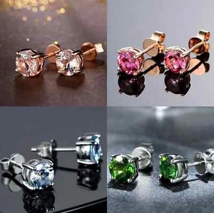 14K Gold Finish silver Round Multi-color Zircon Gemstone Stud Earrings For Girls - Picture 1 of 5