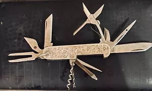 Antique Engraved Oriental 8-Multi-Tool Utility Pocket Knife Sterling Silver - Picture 1 of 17