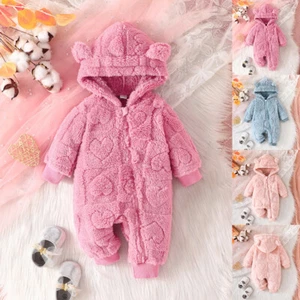 Baby Girls Winter Thermal Flannel Long Sleeve Hooded Jumpsuits Rompers Clothes - Picture 1 of 24