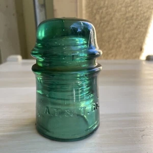 Vintage A T & T Glass Insulator Green Marked XO - Picture 1 of 4