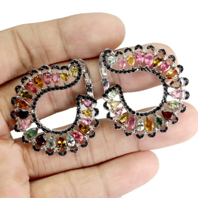 Pendientes de plata de ley 925 pera turmalina espinela negra piedras preciosas joyería Foto 1 de 4