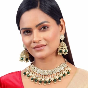 Indian Bollywood Traditional Bridal Gold Kundan Pearl Bead Choker Necklace Set - Picture 1 of 7