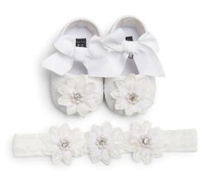 Newborn Baby Girl Pearl Crib Shoes Infant Princess Outfit Dress Shoes + Headband