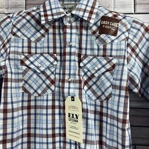 Ely cattleman boys M shirt western cowboy Blue plaid pearl snaps rodeo NWT - Picture 1 of 10