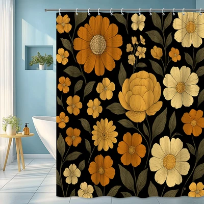 Cortina de ducha floral negra con flores naranjas y amarillas Foto 1 de 4
