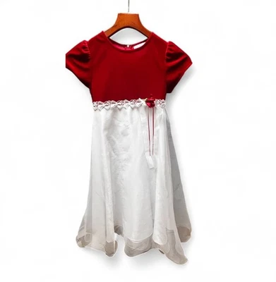 Rare Editions Girls Long Red Velvet Dress with White Organdy Ruffled Skirt SZ 7 - Image 1 of 4