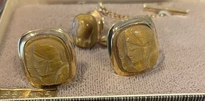 Vintage 14K Gold Filled Tiger Eye Cuff Links And Matching Tie Clip Set - Image 1 of 4