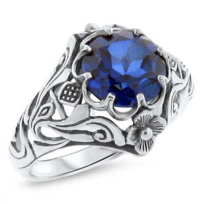SCOTTISH THISTLE NOUVEAU STYLE 925 SILVER 2.5 Ct LAB-CREATED SAPPHIRE RING  332X - Image 1 of 4