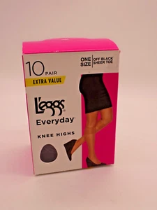 Leggs Everyday Knee Highs 1 size - off Black Sheer Toe - 10 Pair New In Box - Picture 1 of 4