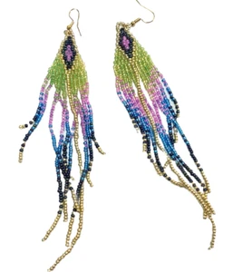 Purple Green Feathers Hippie Boho Beads Drop Earrings New in Package - Picture 1 of 2