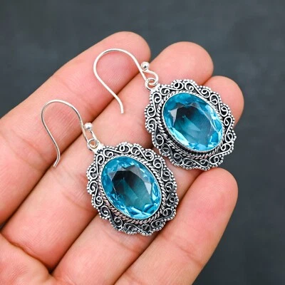 Blue Topaz Gemstone 925 Sterling Silver Earrings Handmade Jewelry Gift For Her - Image 1 of 4