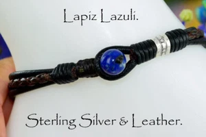 Sterling Silver Leather Lapis Lazuli New ANKLET Men Bracelet 3AB-023 - Picture 1 of 6