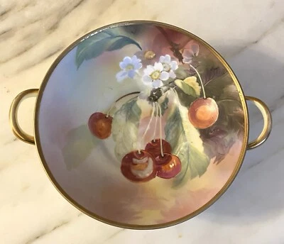 Antique Nippon Porcelain Double Handle Bowl Cherries & Blossoms Gold Trim - Image 1 of 3