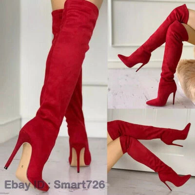 Mujeres Botas hasta el muslo Elásticas Alto Tacón de Aguja Sobre la Rodilla Botas Talla Fiesta Foto 1 de 4