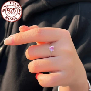 Anillo de circón cúbico de corazón rosa para mujer anillo de plata esterlina 925 sólido joyería bonita - Imagen 1 de 11