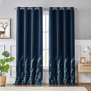 Flower Embroidery Linen Textured Blackout Curtains for Living Room Bedroom Silve - Picture 1 of 9
