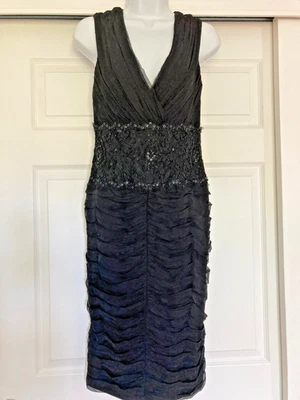 BLACK Sequin Cocktail Dress Sheath Formal Silk Size 8 Tadashi Shoji COLLECTION - Image 1 of 4