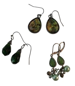 Pierced Earring Set Beaded Dangle Hook And Leverback  Shades Of Green - Picture 1 of 8