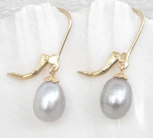AAA Dangle 11mm drip Gray freshwater pearls Earrings 14KT solid gold hoop - Picture 1 of 4