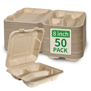 Compostable 50 Pack 8x8 Inch 3 Compartment Takeout Lunch Box Containers With Lid - Picture 1 of 9