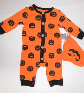 Infant Girl Boy Sleeper Orange w/Black Pumpkins Matching Hat 0 3 Mon - Picture 1 of 3