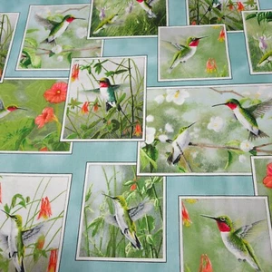 Hummingbirds BTY Hautman for Quilting Treasures Blocks on Aqua Blue - Picture 1 of 3