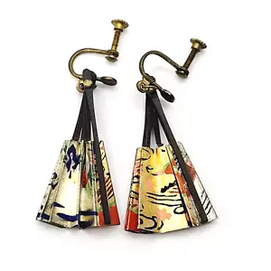 Unique Asian Inspired Pleated Paper Fan Foldable Vtg 1960s Screwback Earrings - Picture 1 of 24