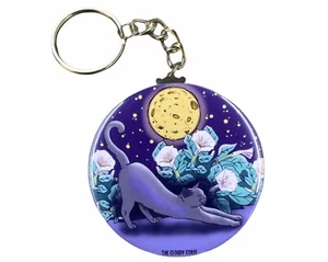 Psychedelic Black Cat Full Moon Flower Keychain Key Ring Gifts and Accessories - Picture 1 of 12