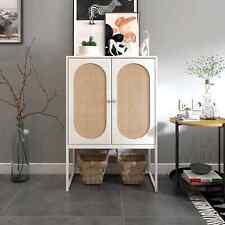 Natural Rattan 2 Door High Cabinet Free Standing Built-in Adjustable Shelf White