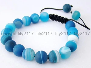 Handmade Men's Blue Shambhala bracelet 10mm Natural Agate Beads frosted 7.5'' - Picture 1 of 6