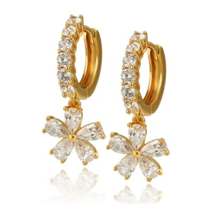 Deluxe Ohrringe Creole Hänger Zirkonia Kristalle 999 Gold 24K vergoldet Geschenk - Bild 1 von 6