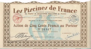 Les Piscines de France action de 500 frs 1931 (23347) - Imagen 1 de 2