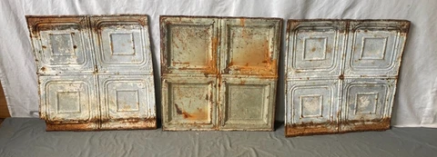 Lot of 3 Antique Tin Ceiling  2' x 2' Shabby Tile 24" SQ Chic VTG Crafts 137-23A Cover