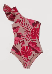 JOHANNA ORTIZ x H&M Beige & Pink Red Leaf Print One-Shoulder Swimsuit Size S NWT - Picture 1 of 6