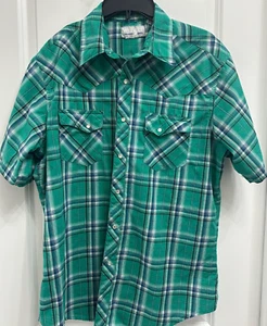 Wrangler Wrangler Hemd Hemd Herren GRÜN kariert Perlen Druckknopf Kurzarm Gr. - LARGE - Bild 1 von 4