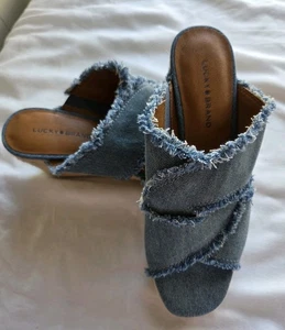 Lucky Brand Madgie Espadrille Wedge Sandals Frayed Denim Ciss Cross Straps 8 M - Picture 1 of 11