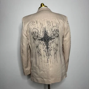 Meztizos USA Western 38R Blazer Jacket Pinstripe Angel Wings Cross Art - Picture 1 of 9