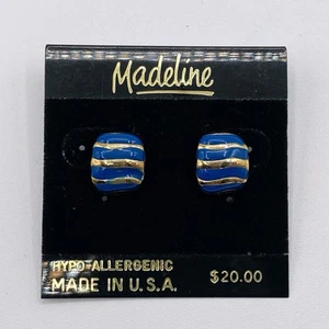 MADELINE Vintage 1980s Pierced Earrings Blue Enamel Square-ish Gold Tone Stripes - Picture 1 of 2
