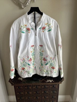 Quacker Factory White Embroidered Sequins Butterfly Floral Jacket Top Size 3X - Image 1 of 4