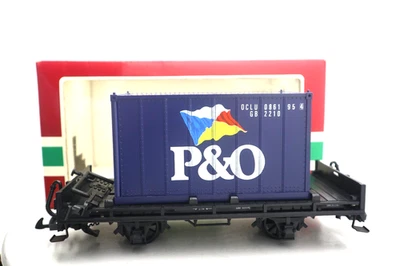 LGB, 4103, G, Black 2-Axle Flat Car with Blue P&O Container, C-8 LN/OB - Image 1 of 4