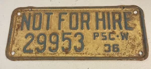 Not For Hire WISCONSIN license Plate 29953 PSC W-37 WI 1936 Truck - Picture 1 of 6