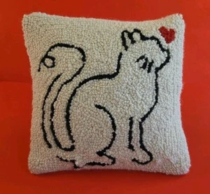 Peking Handicraft Wool Hook Throw Pillow Cat Feline Heart Red Blk Cream 12"Sq - Picture 1 of 12