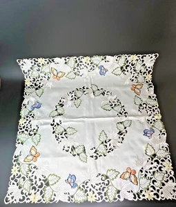 33" Square Embroidered Tablecloth Doily with Butterflies, Leaves and Cutouts - Picture 1 of 7