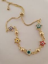 Womens 9ct Yellow Gold Adjustable Multi Colour Star Charms Bracelet Gift 